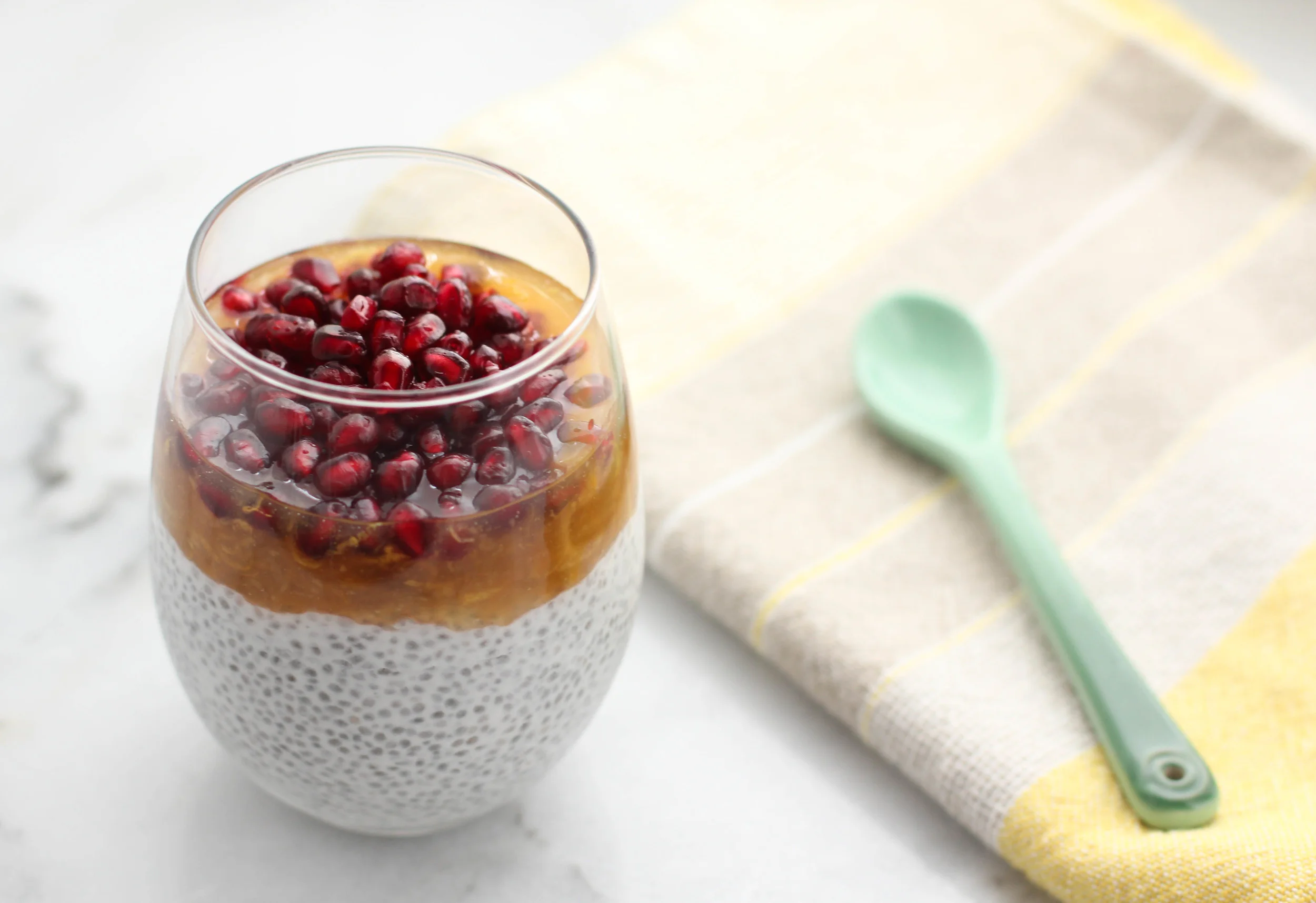 Coconut Chia Seed Pudding with Apricot Sauce + Pomegranate