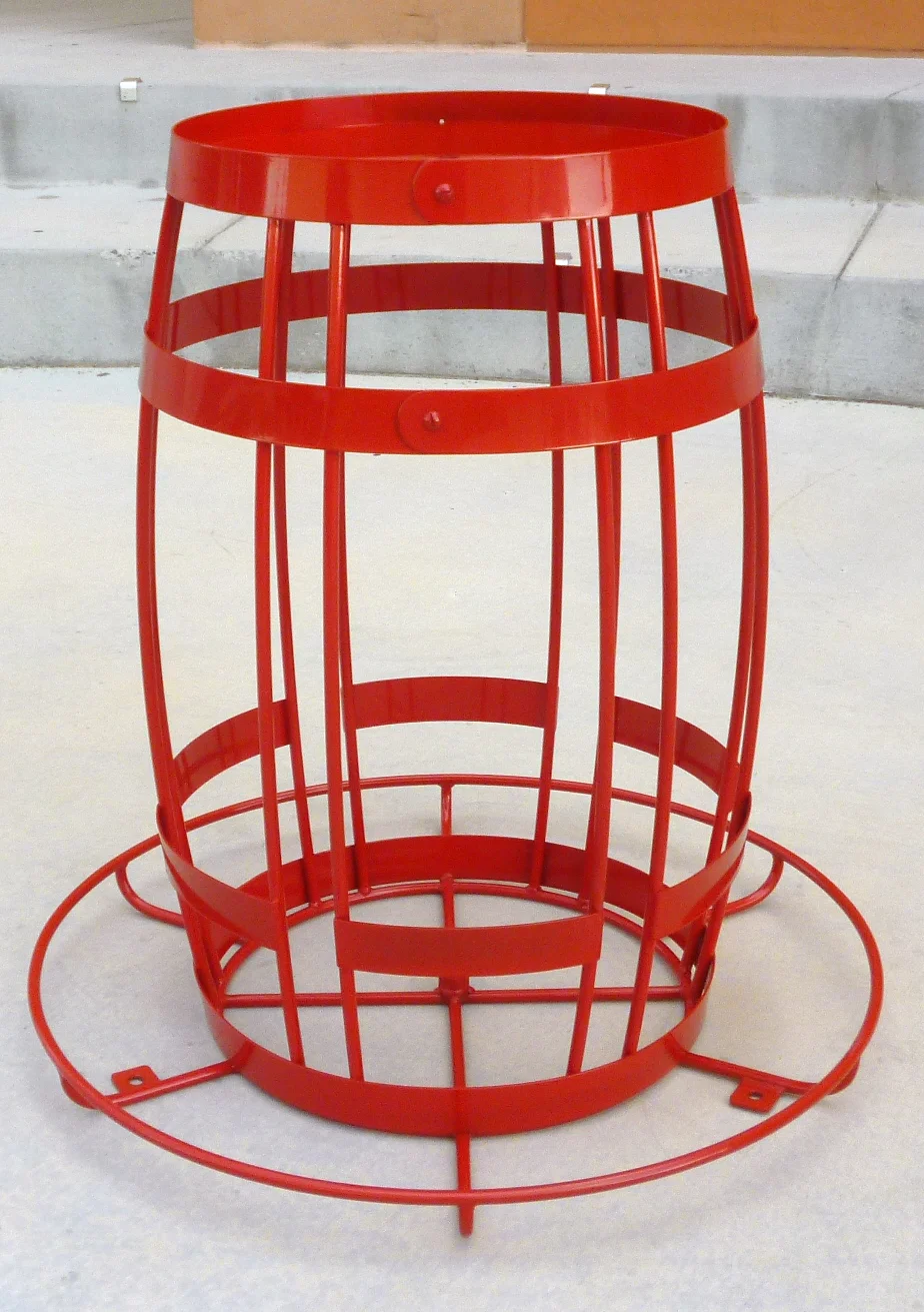 footprint: 42” diameter circle service area: 6’ radius weight: 125lbs materials: 5/8” solid steel rod / 12 verticals / base 1/8“ steel plate / head and bilge hoops