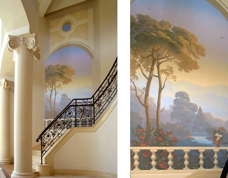 Two pastoral murals - one on each side of main stairway 9' x 20' acrylic on canvas, 2005