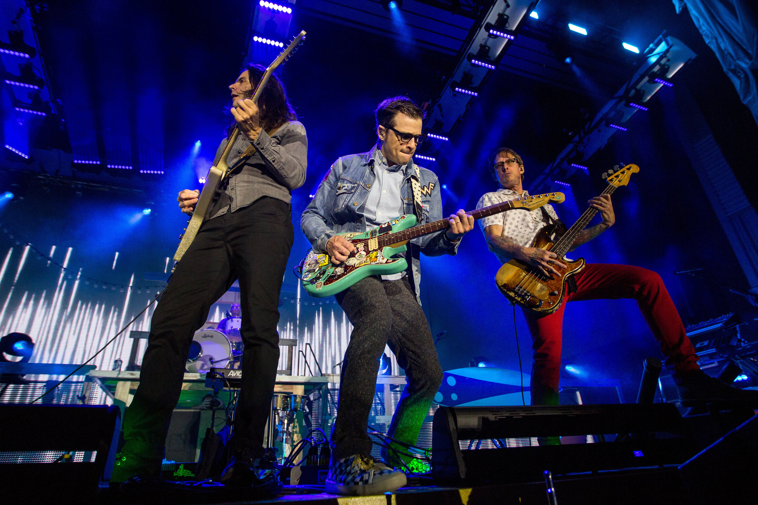  Weezer performs together on center stage at Stage AE in Pittsburgh on Sunday night.  