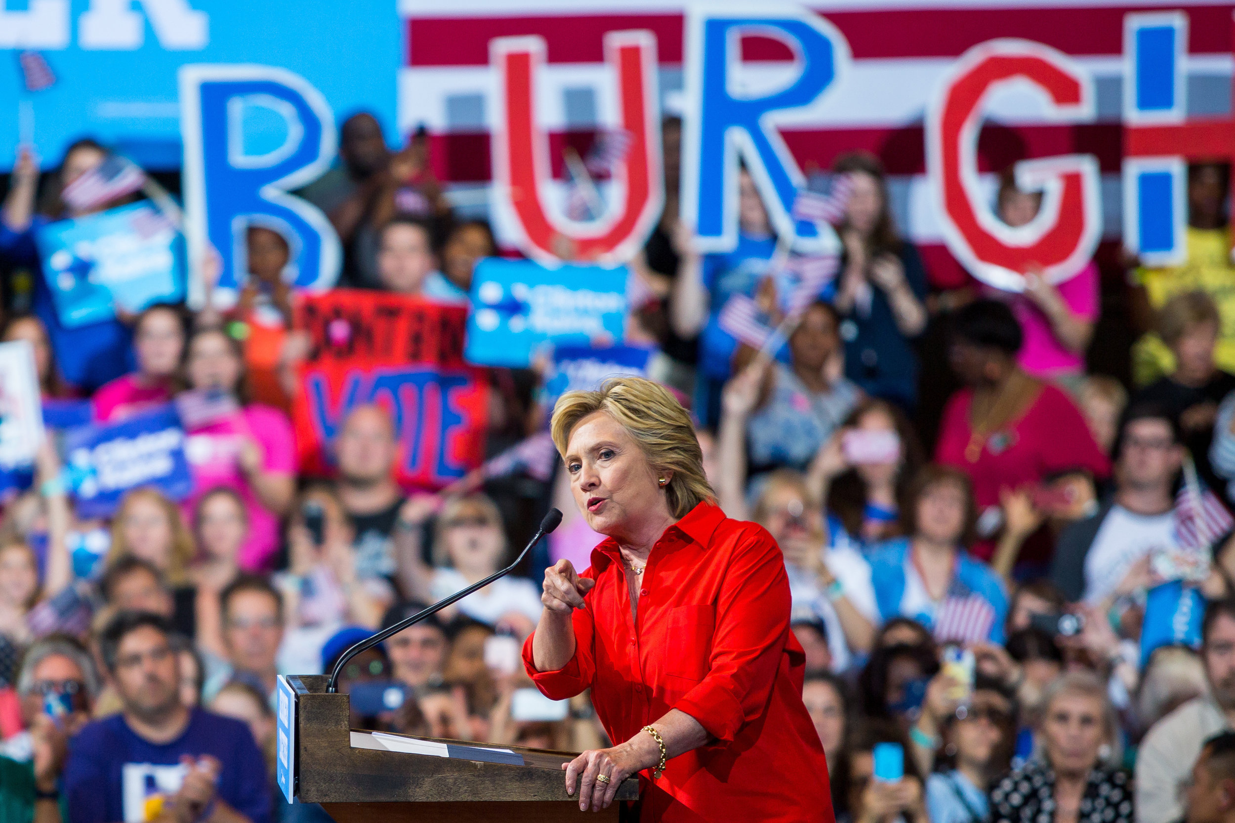  Hillary Clinton speaks about her intended policies and the threats of competitor Donald Trump in Pittsburgh on Saturday evening. Clinton spoke to a full room and thousands of overflow in Pittsburgh and has clenched the democratic nomination and is t