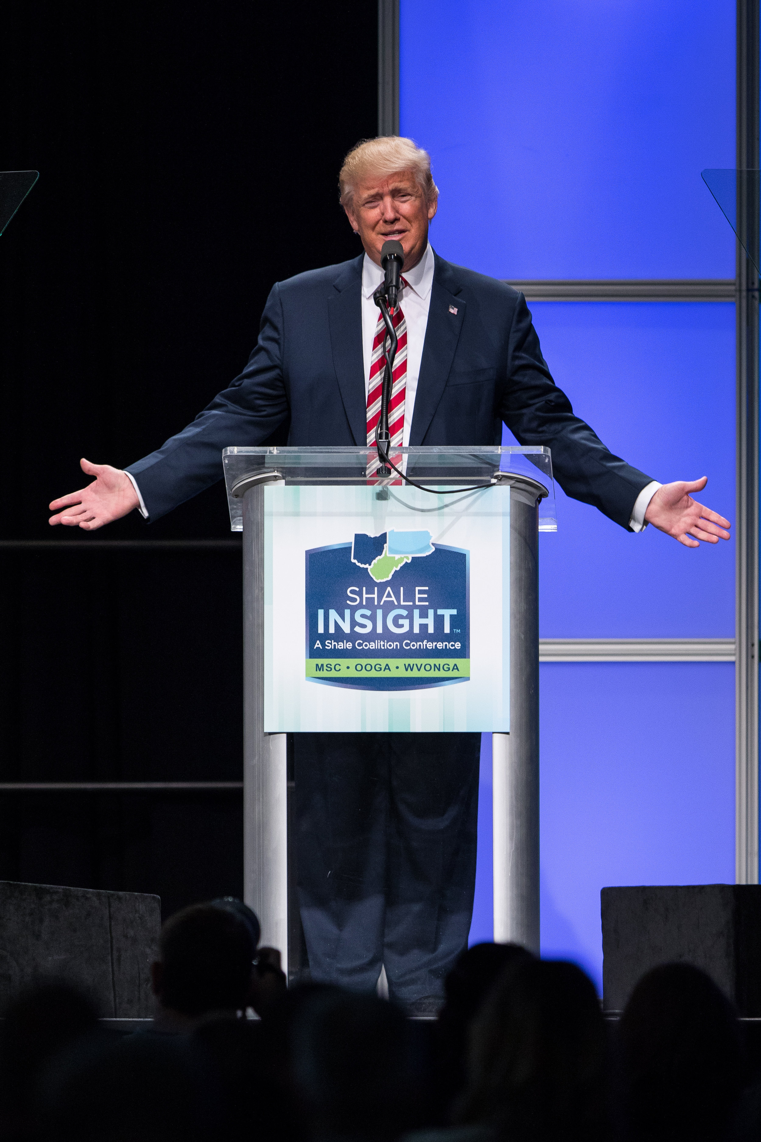 Republican Presidential Nominee Donald Trump speaks to a crowd of hundreds during his address at the Shale Insight conference at the David L Lawrence Convention Center in Pittsburgh on Thursday. Trump spoke about his positions on energy, national se