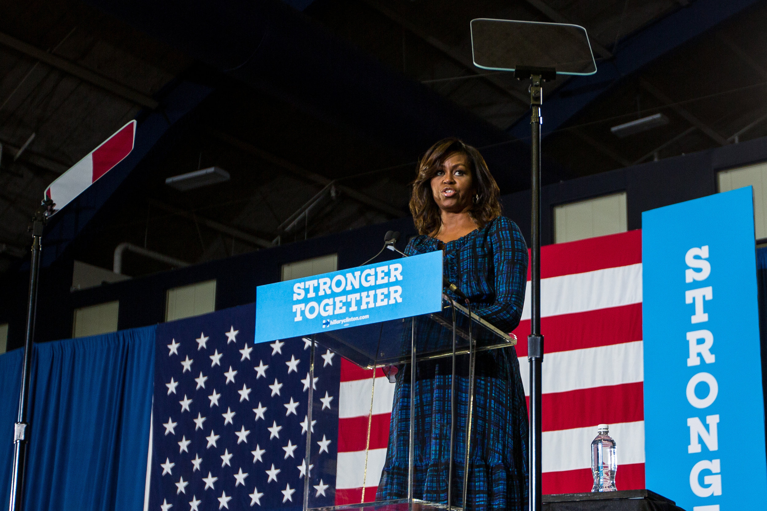  First Lady Michelle Obama addresses thousands at the Fitzgerald Field House at the University of Pittsburgh on Wednesday afternoon. First Lady Michelle Obama showed her support for Democratic presidential nominee Hillary Clinton and encouraged young