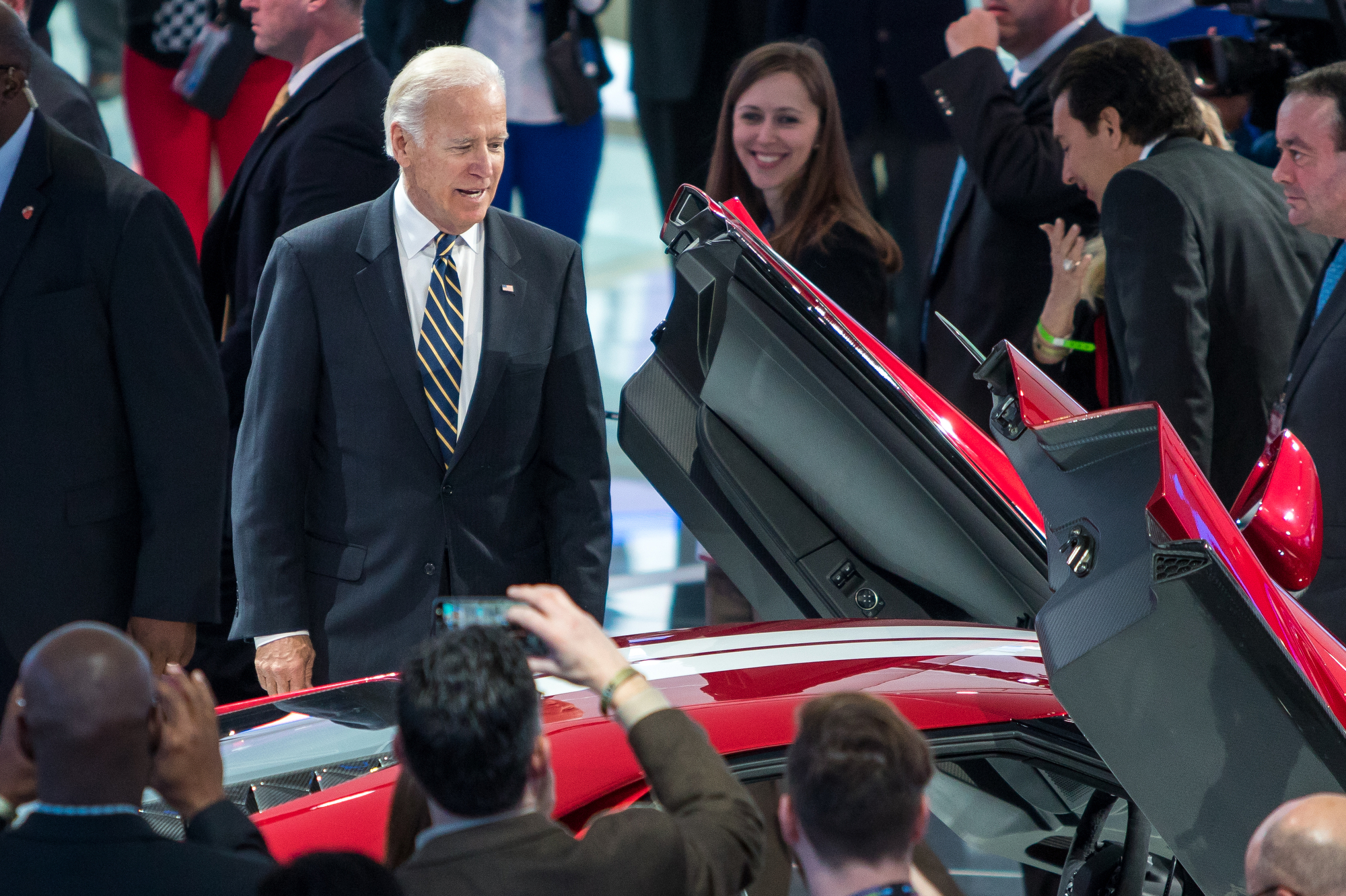  Vice President Joe Biden looks at the #68 Ford GT Le Mens winner while at the North American International Auto Show at the Cobo Center on Tuesday, January 10, 2017. Biden toured the Ford, Chrysler and GM booths at the auto show and met with executi