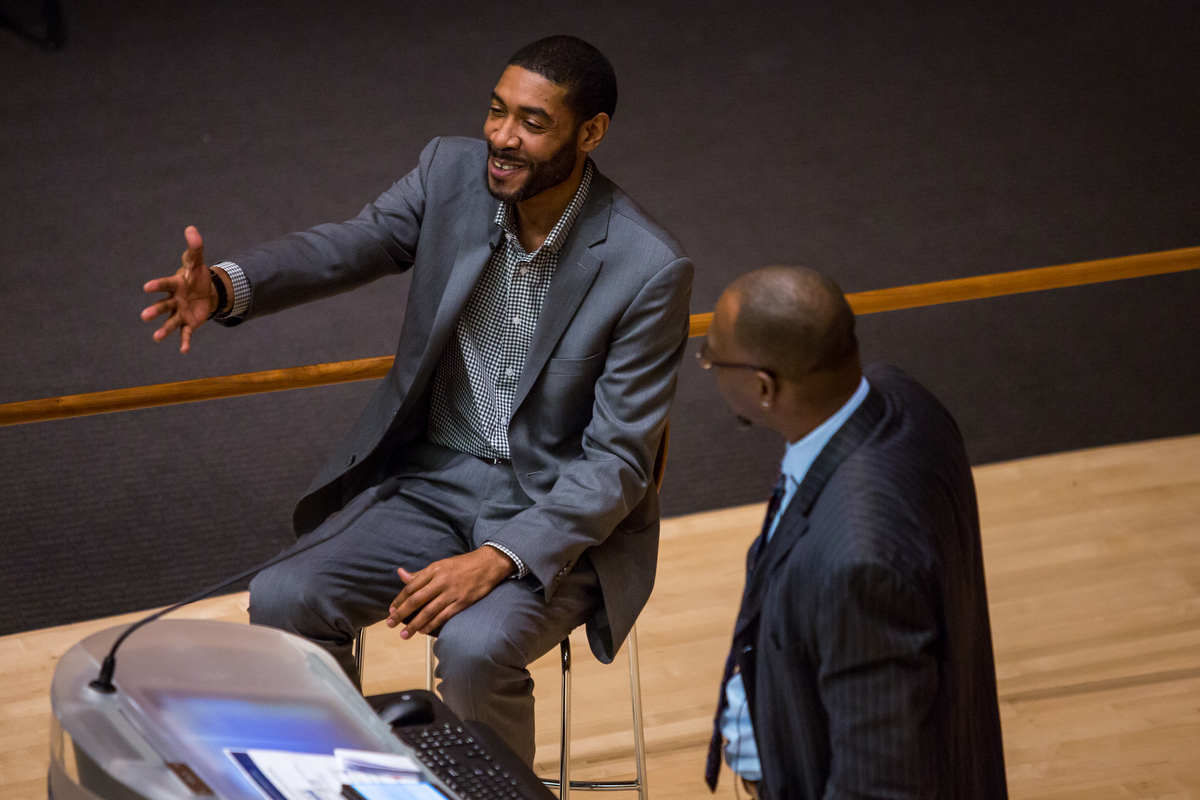  Jimmy King, member of the Fab 5, left, speaks with Ray Jackson Jr. during the 3rd Annual William Monroe Trotter Lecture in the Robertson Auditorium on Thursday, February 9, 2017. The lecture highlighted the black male athlete and invited three speak