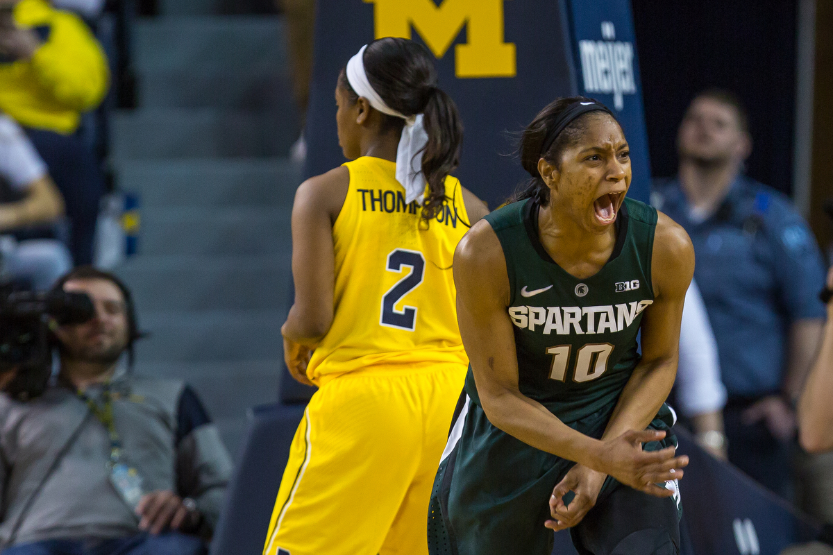  Michigan State's Branndais Agee (10) celebrates after drawing a foul during the second half of play at the Crisler Center on Sunday, February 19, 2017. Michigan State beat Michigan 86-68. Matt Weigand | The Ann Arbor News 