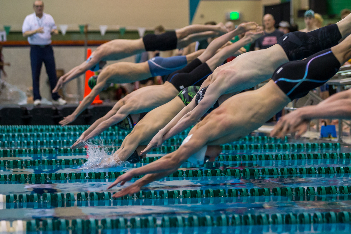  Swimmers dive into the water during the second heat of the 200 yard freestyle relay during the 2017 MHSAA Boys D2 Swim and Dive Championships at Eastern Michigan University on Saturday, March 11, 2017. Dexter High School's swim team won the overall 