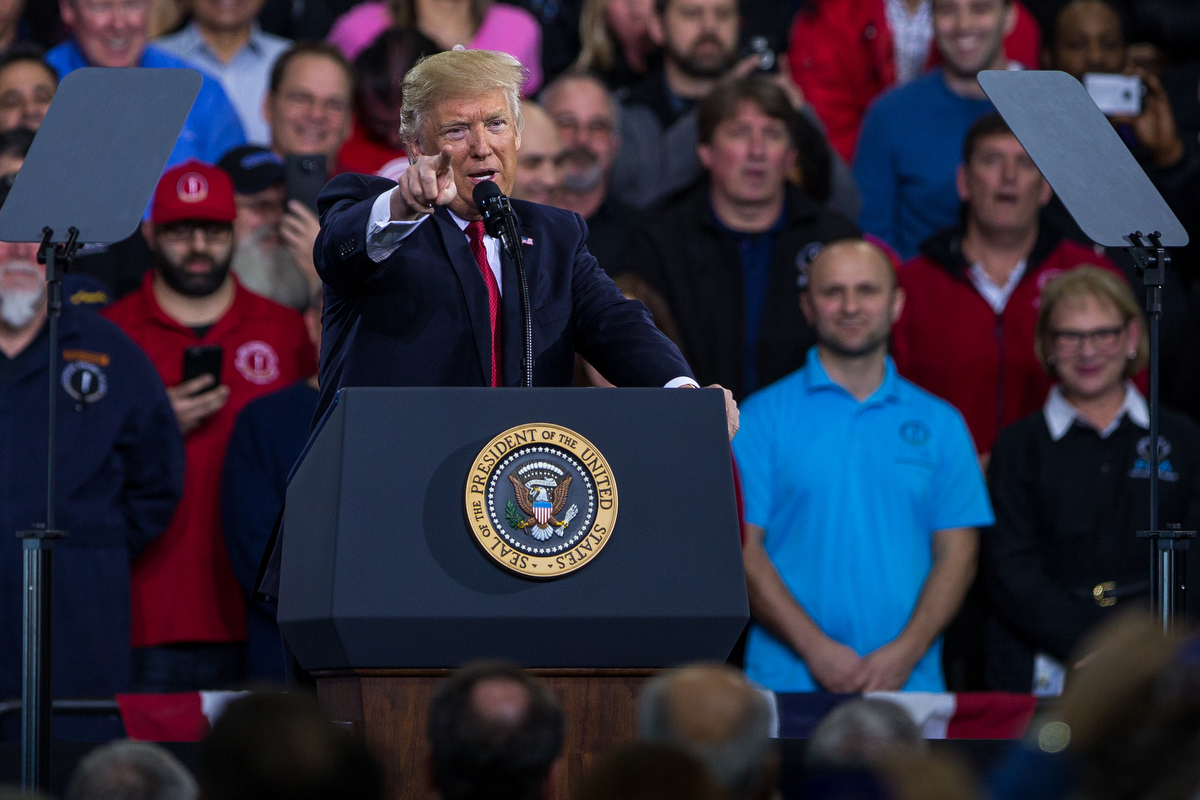  President Donald Trump speaks to a crowd at the American Center for Mobility in Ypsilanti Township on Wednesday, March 15, 2017. President Trump spoke about the American auto industry and jobs among other topics. Matt Weigand | The Ann Arbor News 