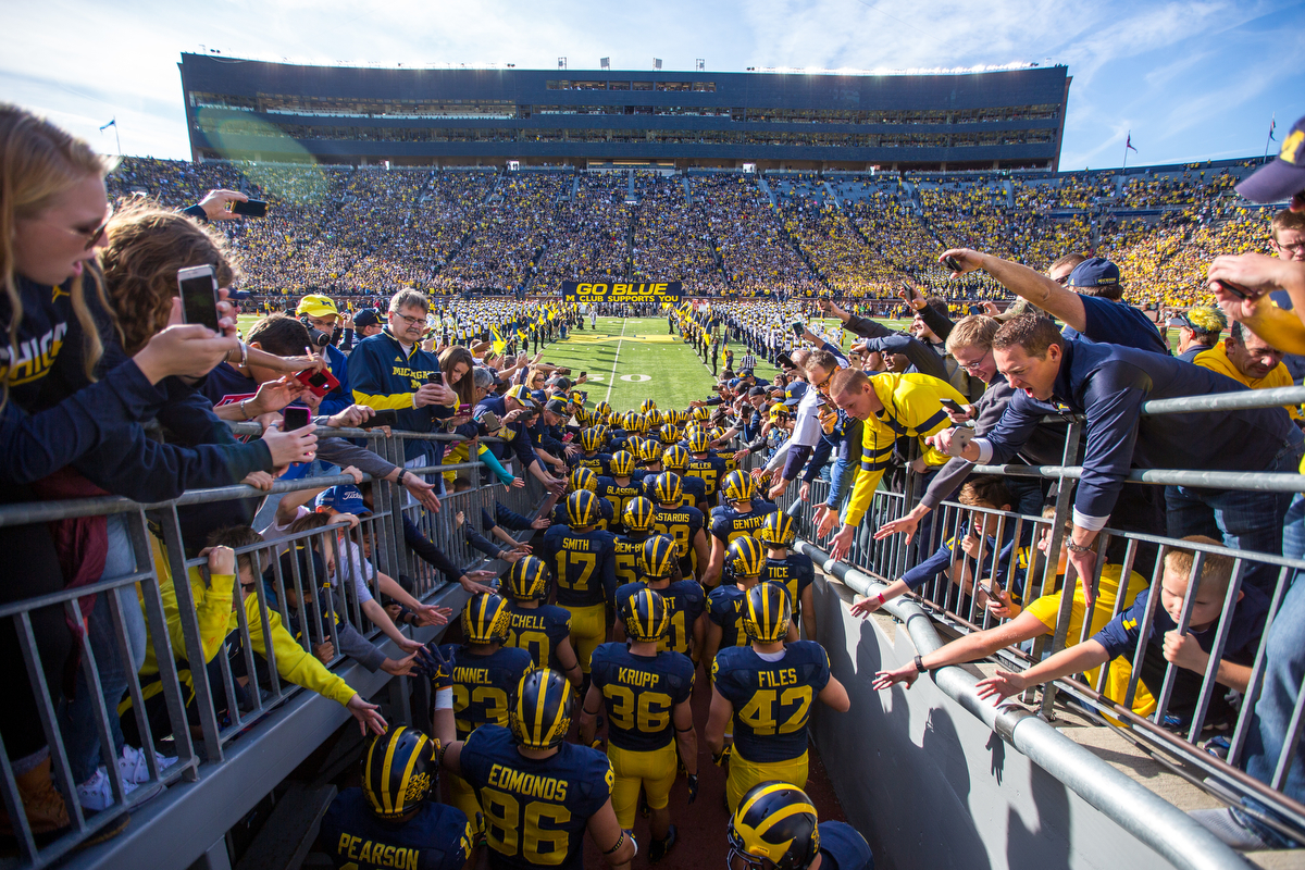  The Michigan players wait to run onto the field before kickoff against Maryland at Michigan Stadium on Saturday, November 5, 2016. The Wolverines lead the Terrapins 35-0 at half time.&nbsp; 