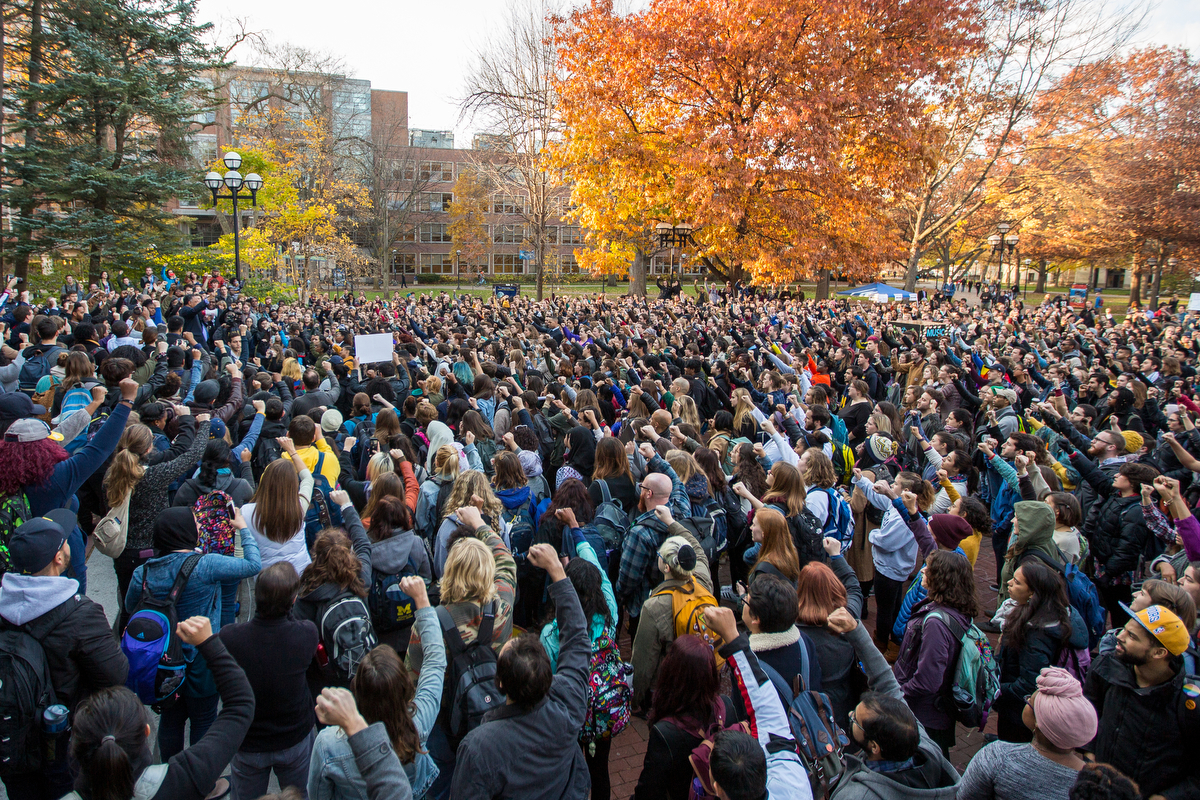  Rev Jesse Jackson addresses Michigan students while briefly attending a gathering of thousands of students at the Daig after they staged a walk-out at 3:00 p.m. on Wednesday, November 16, 2016.&nbsp; 