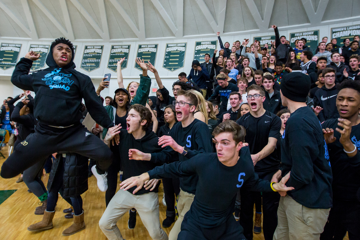  Skyline High School students react after Skyline beat Huron High School in triple overtime at Huron High School on Friday, December 16, 2016. Skyline High School beat Huron High School 95-92 in triple overtime.&nbsp; 