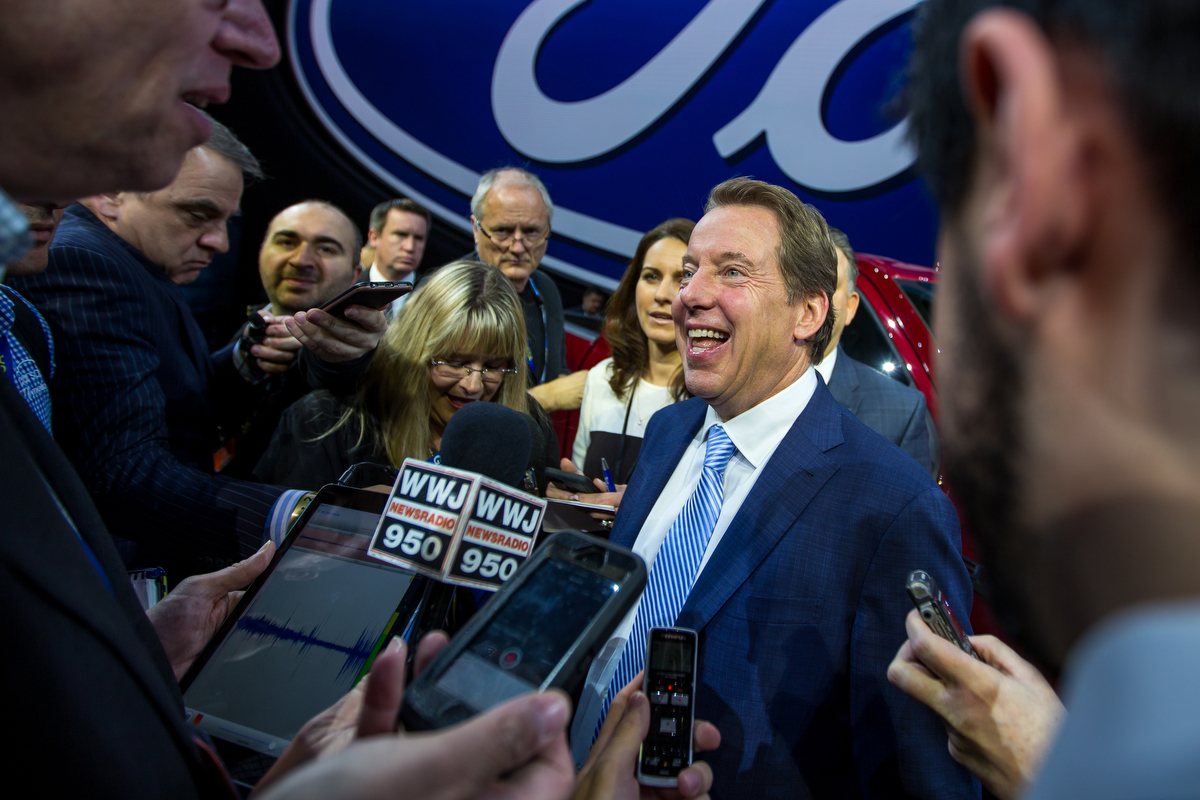  William Clay Ford Jr., Chairman of Ford, talks with reporters at the Joe Louis Arena during the North American International Auto Show on Monday, January 9, 2017. Additionally, Ford announced the return of the Bronco for 2020 and their partnerships 