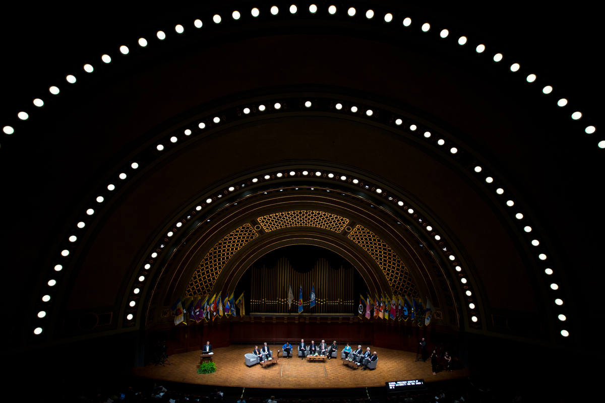  Members of the Board of Tanner Lectures on Human Values sit during the President's Bicentennial Colloquium at Hill Auditorium on Monday, June 26, 2017. The colloquium was a conversation to examine the current and future relationship between the univ