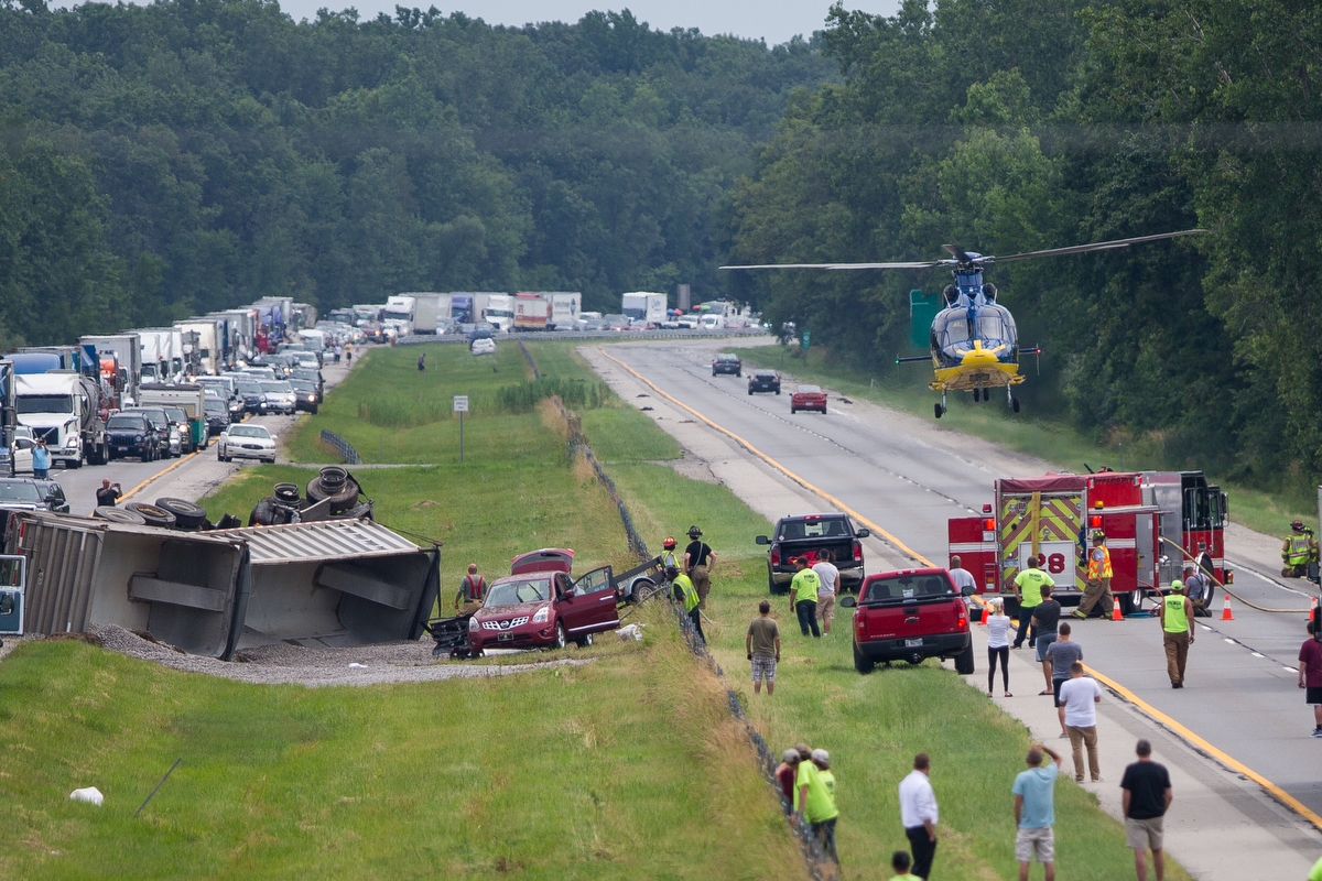  University of Michigan Survival Flight leaves the area of a multiple vehicle crash on northbound US-23, south of Sherman Road just south of Milan on Friday, July 7, 2017. Five people were injured and one is in critical condition. The cause of the ac