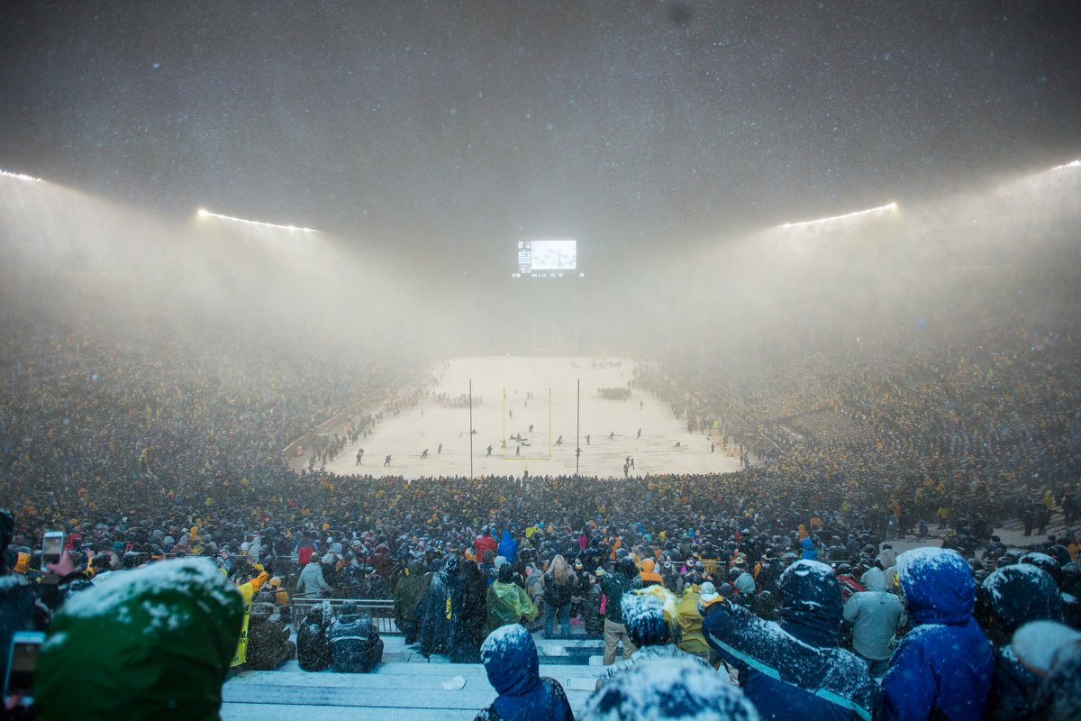  Heavy snow falls during the fourth quarter of play between the Michigan Wolverines and the Indiana Hoosiers at Michigan Stadium on Saturday, November 19, 2016. Michigan beat Indiana 20-10. Matt Weigand | The Ann Arbor News 