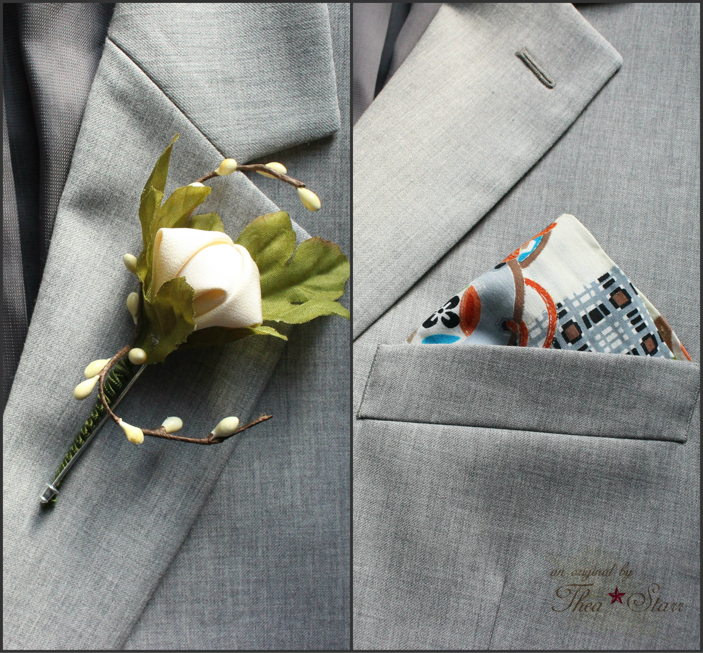 Boutonnieres and pocket squares made from vintage kimono fabric.