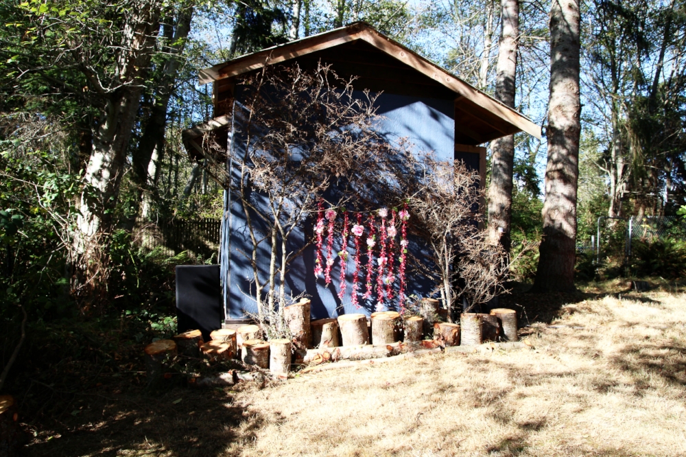 Our ceremony site decorated with pieces of the tree that fell down onto the house. I stood pieces on end and hung a small flower back drop off of a few large branches that had pinecones on them. 