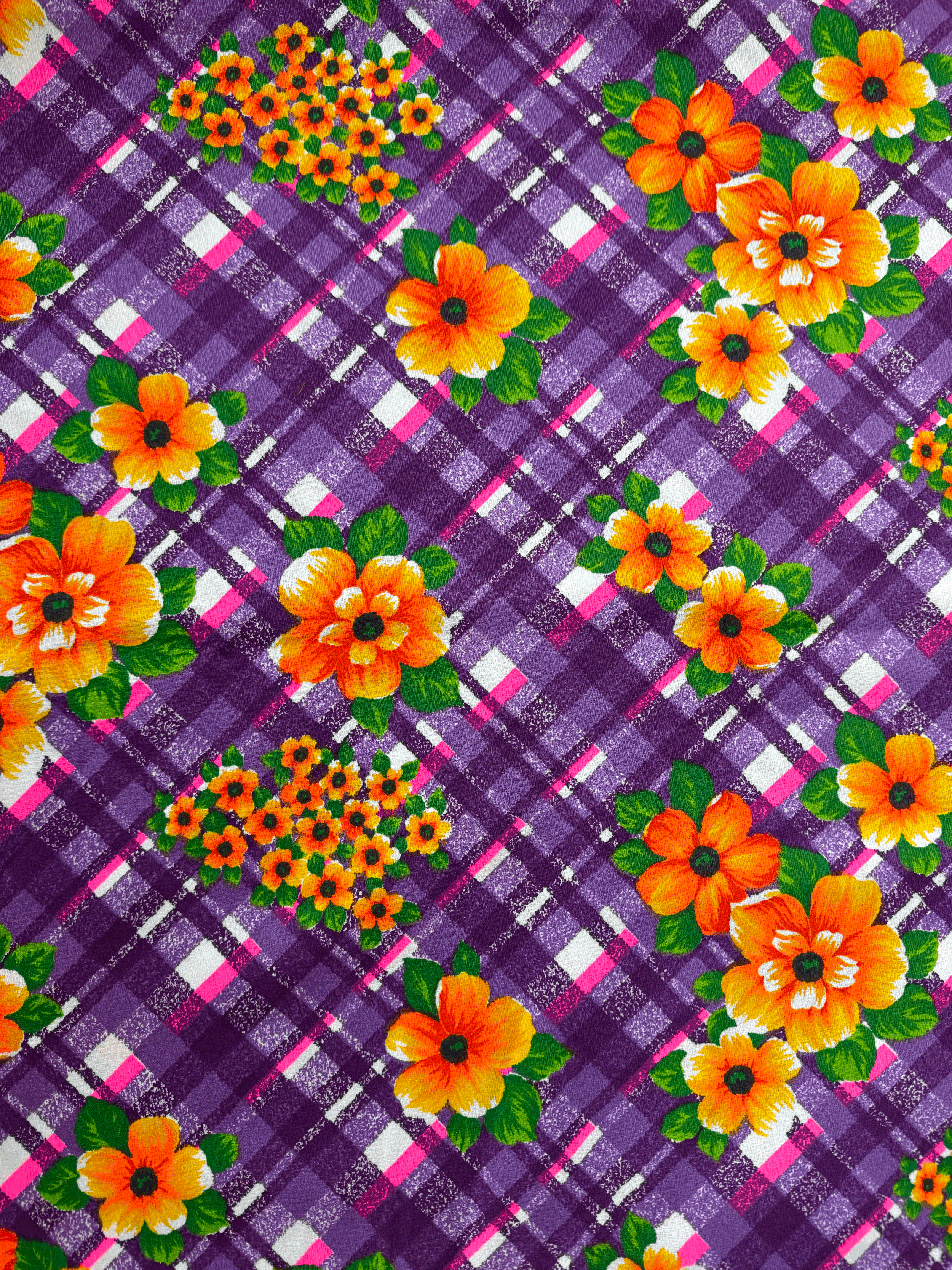Vintage 70s Lattice Floral Fabric - Purple Orange 2 + yards