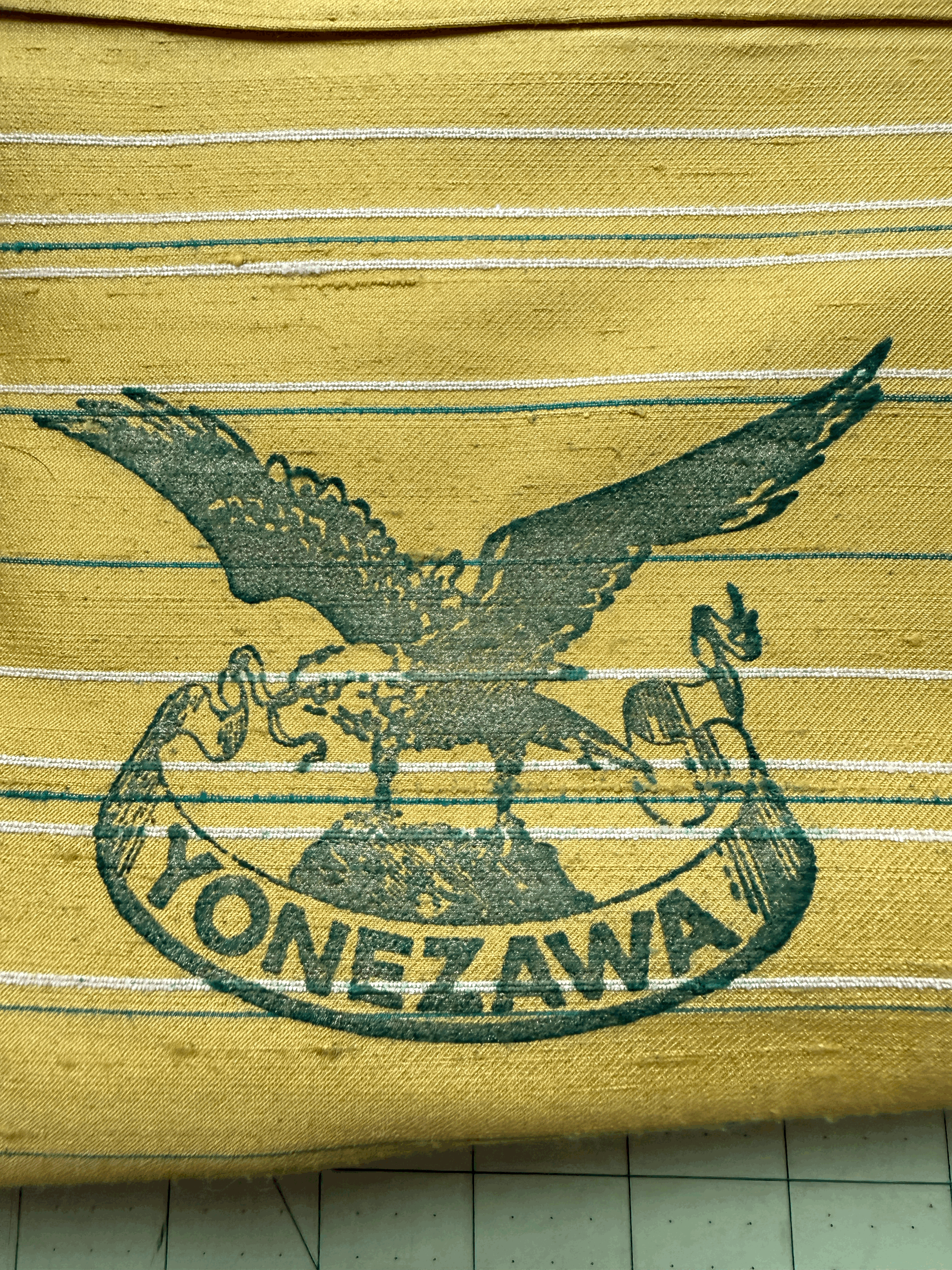 Vintage Yonezawa Silk - Chartreuse w/ Teal Stripe 3+ yards