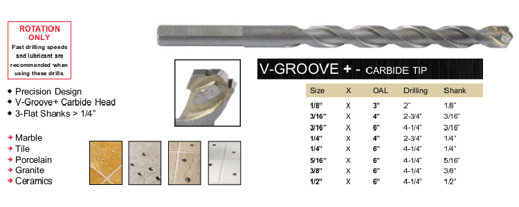 3/16" x 4" V Groove Tile & Granite Drill Bit ITM 