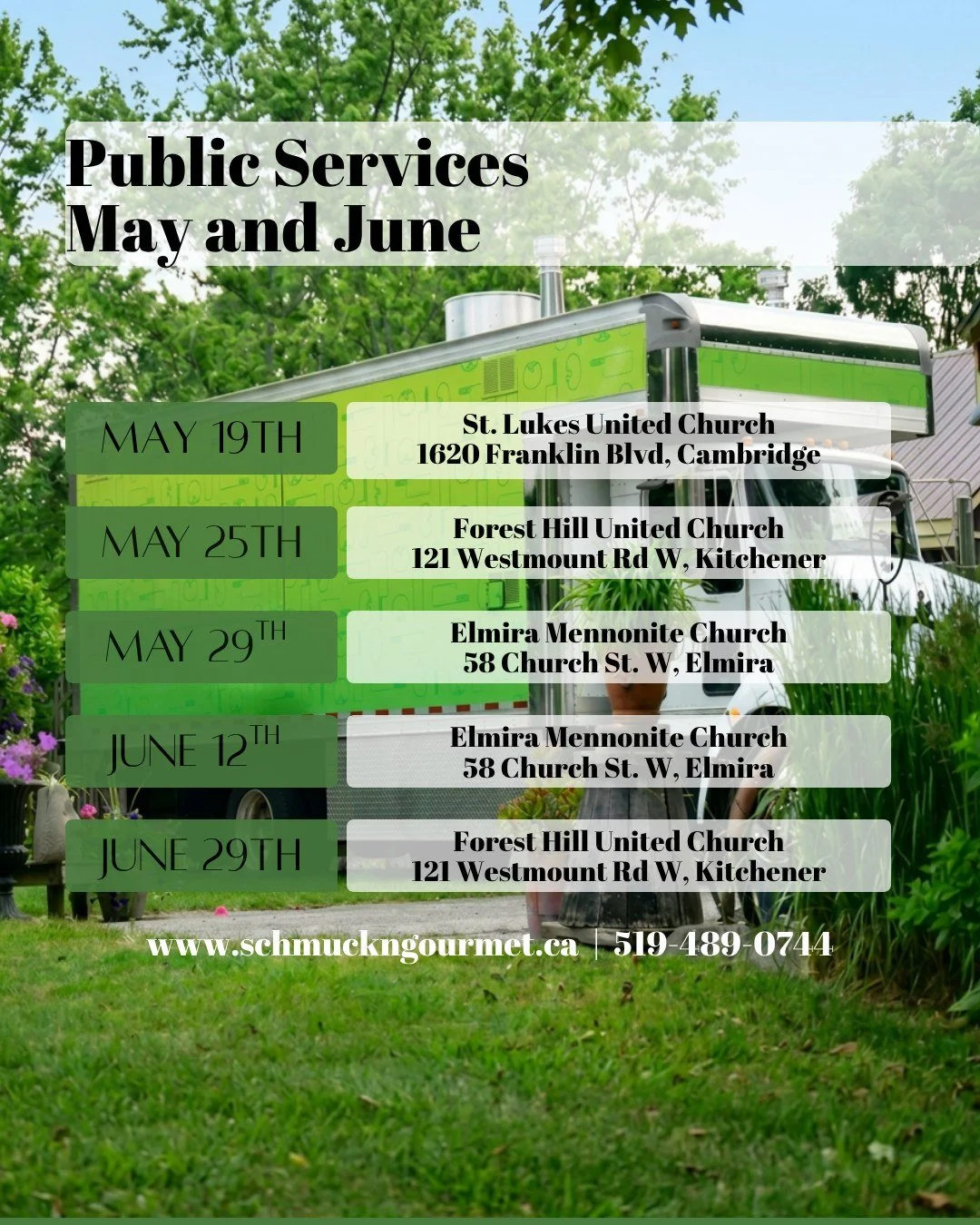 A little late to the game but here it is!! This is where you can find us in May and June. We have very limited Public Services this season and would love to see you..hoping you can all make it out and get Schmucked this summer!

#foodtrucks #dinnerpl