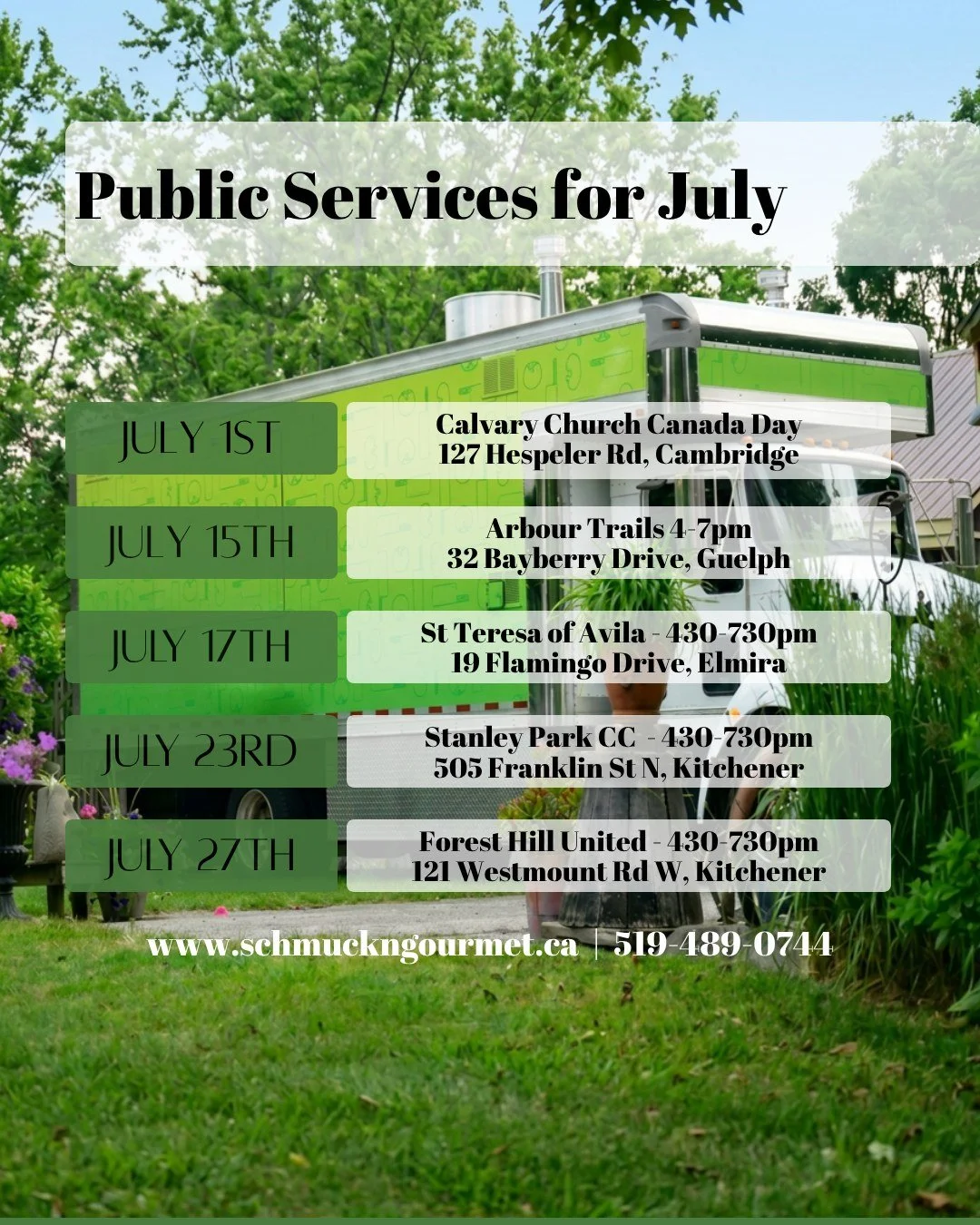 Come and get #Schmucked in July!! Here are the dates where you can find us on the street serving our SchmuckNFavourites. 
We can't wait to see you there 

#foodtrucks #dinnerplans #familytime #getinmybelly #aintnopartylikeaschmucktruckparty