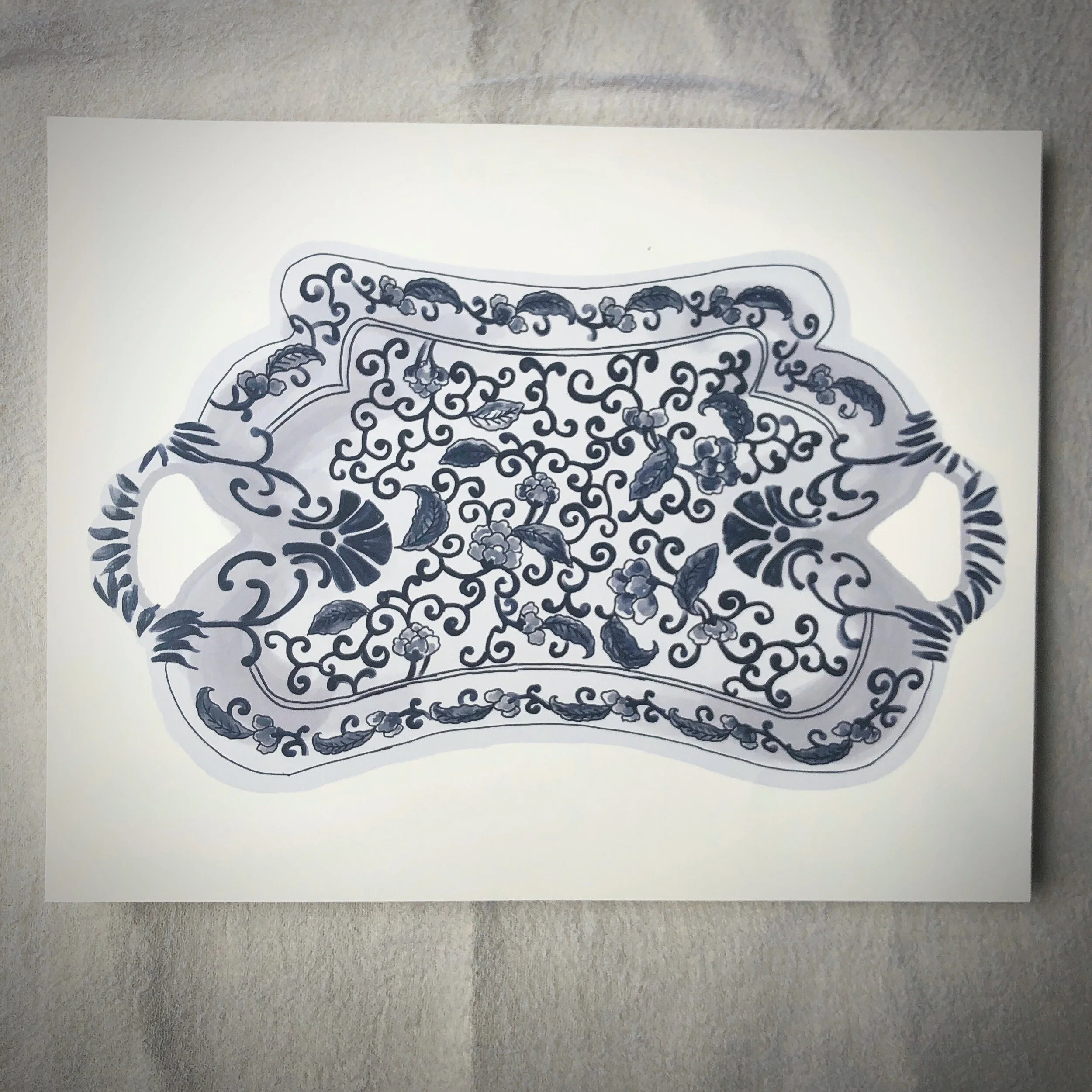 Navy and White Floral Platter