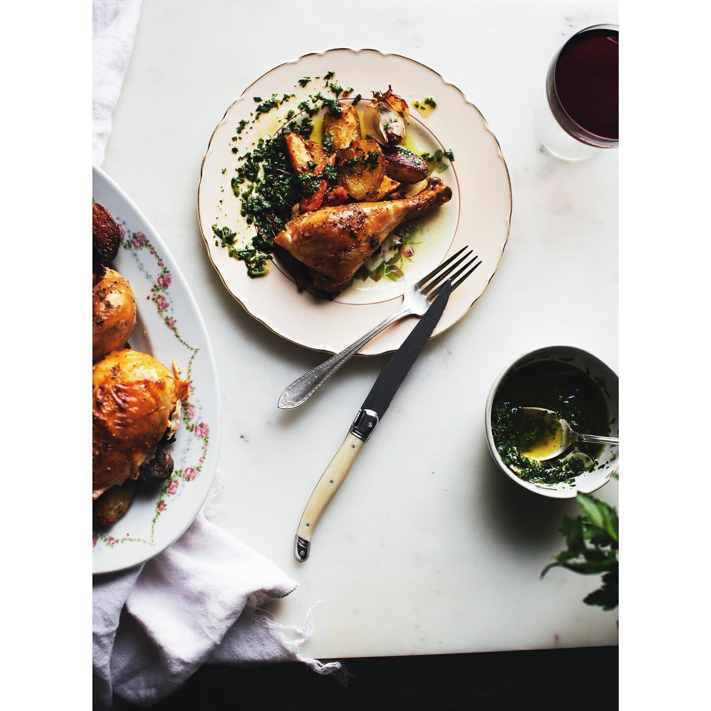 Day 80.
Roast chicken supper, with veg and salsa verde. 
:
This project is still ongoing, bumps and all. Posting when I can because life is FULL. Instead of posting the recipe here, I&rsquo;ve been working on a little newsletter with the recipe. Also