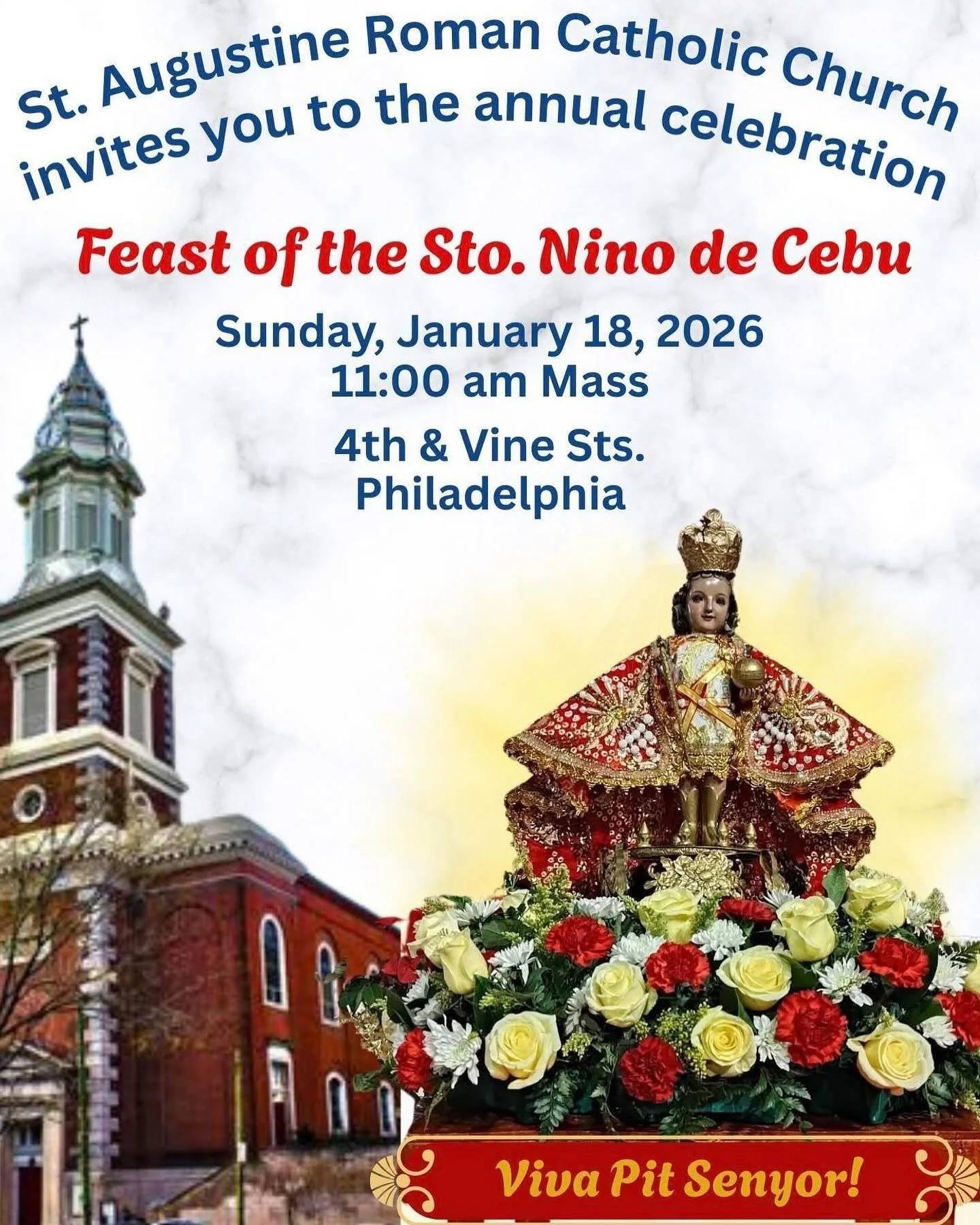 Bring your Santo Nino Statues to be blessed. We&rsquo;ll be participating in the Feast of Santo Nino De Cebu! Come in your red attire and scream Viva! Vivia! Pit Senor! 

See ya this Sunday, January 18 at 11am at St Augustine&rsquo;s.