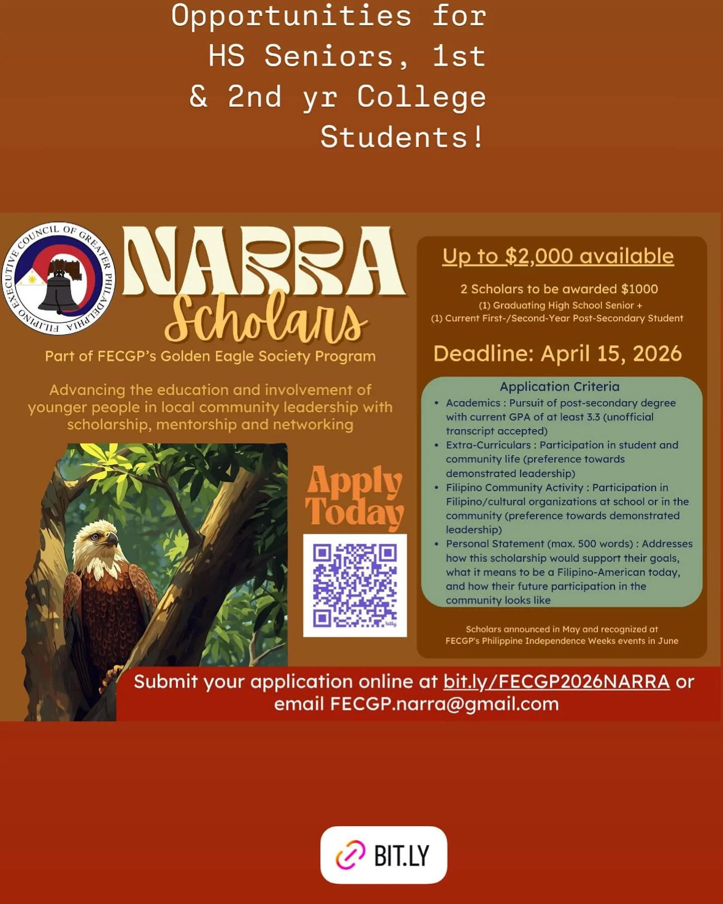Your Filipino American Communities want to give back to our youth!

The countdown is down to 15 days! Get your high school senior or College Freshman/Sophomore Education money!