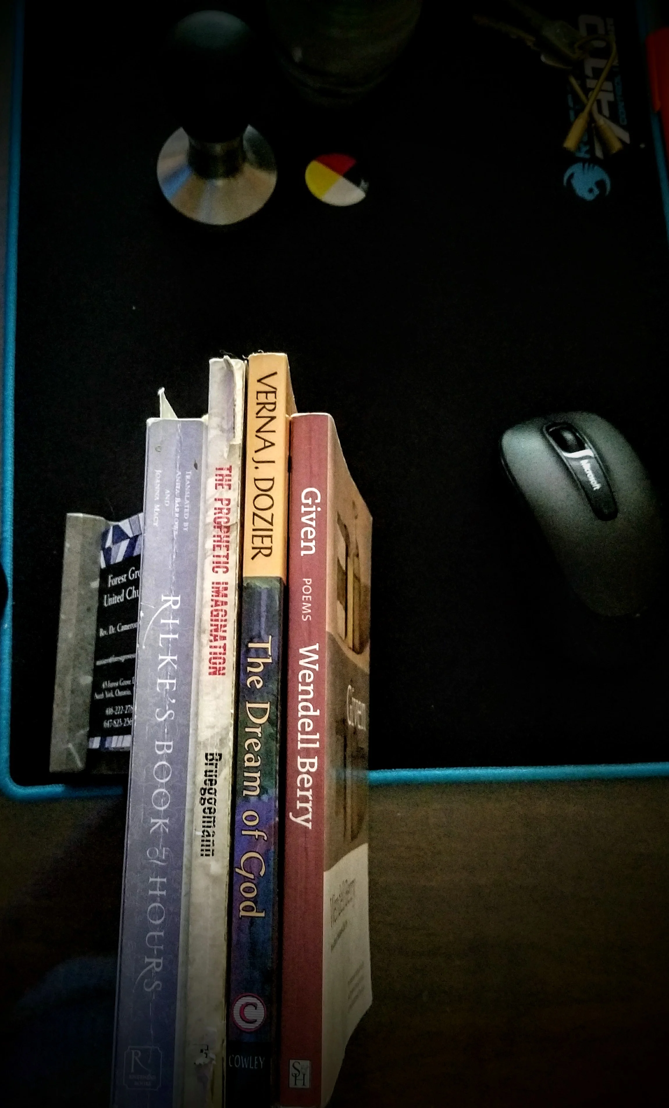 These are the books I keep near at hand. Rilke's "Book of Hours," because he gives words to an understanding of transcendent reality “I am circling around God, around the ancient tower, and I have been circling for a thousand years, and I still don't know if I am a falcon, or a storm, or a great song.” Brueggemann's "The Prophetic Imagination" because he keeps me in mind of the "royal consciousness committed to achievable satiation" (read the methodologies of the 1%) and the contrast of the cross, "the assurance that effective prophetic criticism is done not by an outsider but always by one who must embrace the grief, enter into the death, and know the pain of the criticized one." Verna Dozier's "The Dream of God," in which she writes "I believe that the genius of Christianity is not creed or institution, but the vision of a new possibility for human life rooted in an ancient understanding of God, and articulated and lived out by a Nazarene carpenter from that tradition." And Wendell Berry. Which book to choose? "Given" I suppose because it is about what we have and might be grateful for. When we convene again to understand the world, the first speaker will again point silently out the window at the hillside in its season, sunlit, under the snow, and we will nod silently, and silently stand and go.