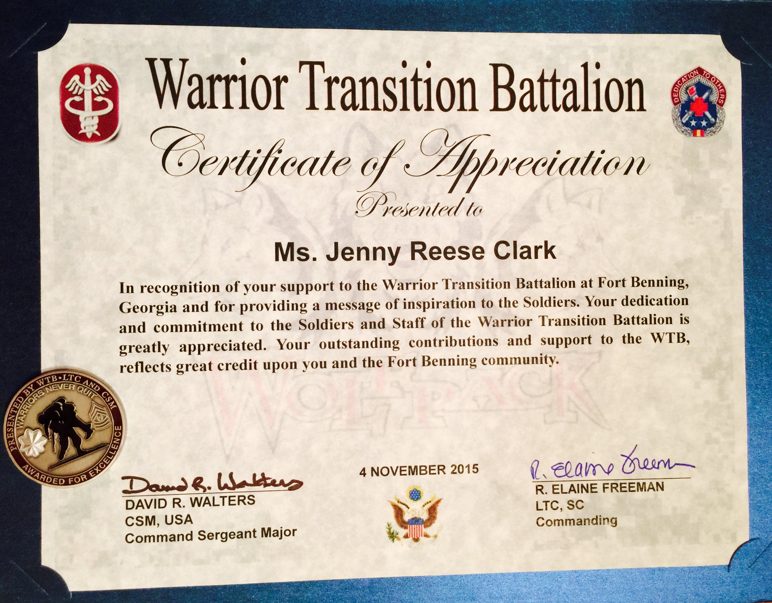 Certification from Warrior Transitional Battalion- Fort Benning, GA ARMY