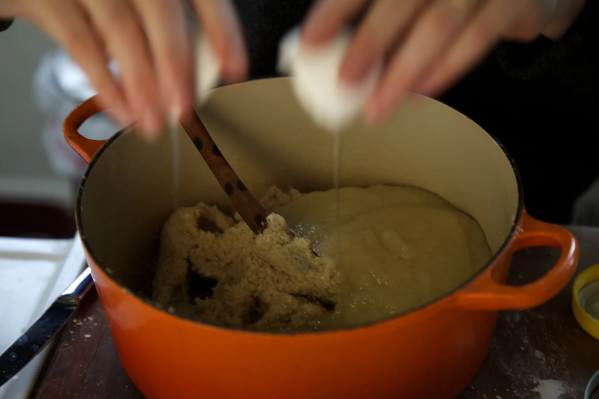  4) Add 2 large eggs, then 2 cups of apple sauce.