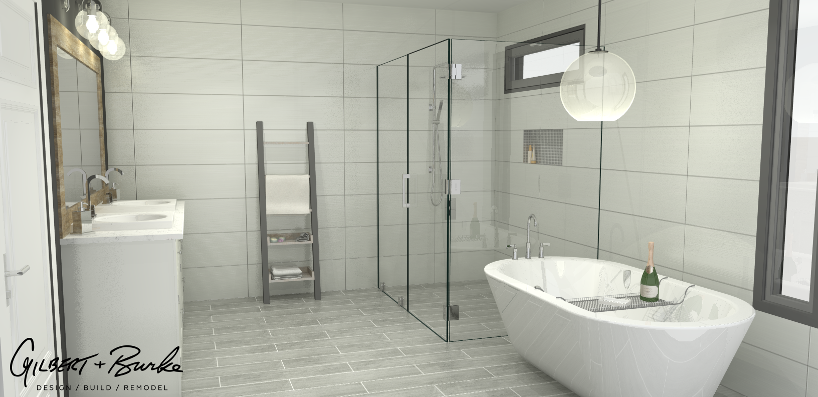 spacious bathroom with sink, towel rack, bathtub, and see-through standing shower