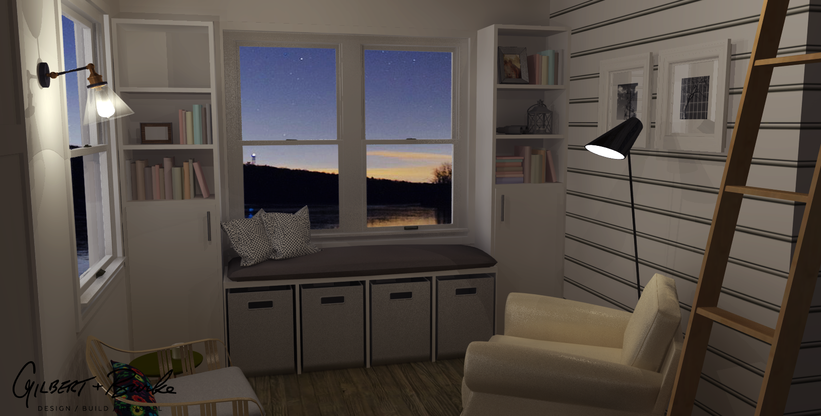 animated sketch of a small room with a bookshelf, sofa chair, and ladder