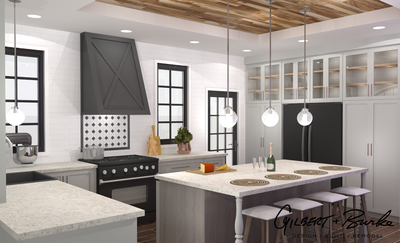 concept traditional kitchen design with bright lighting, marble counter tops, and kitchen stools in front of an island
