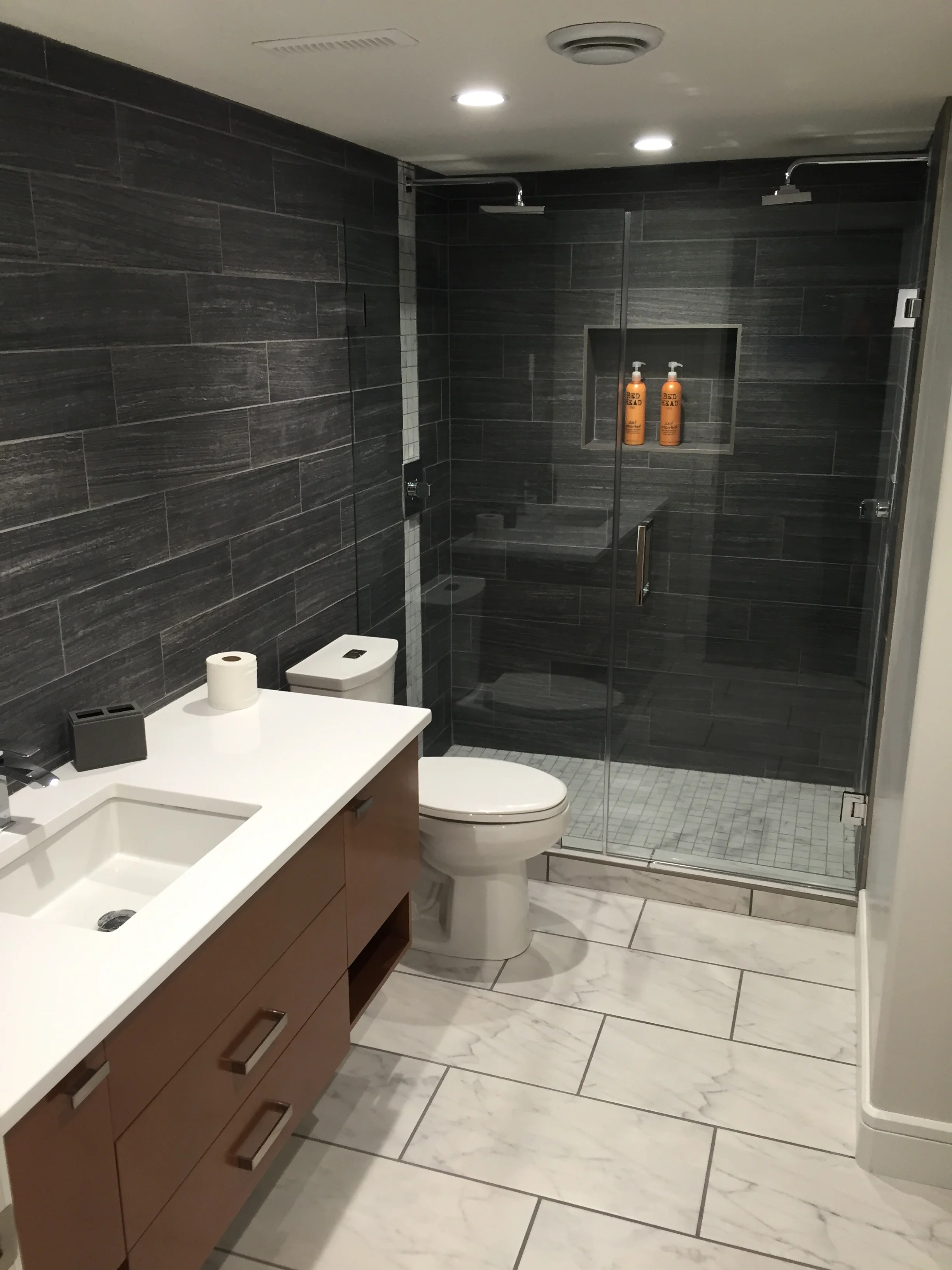 Basement renovation Saskatoon, Custom Bathroom, Tile.