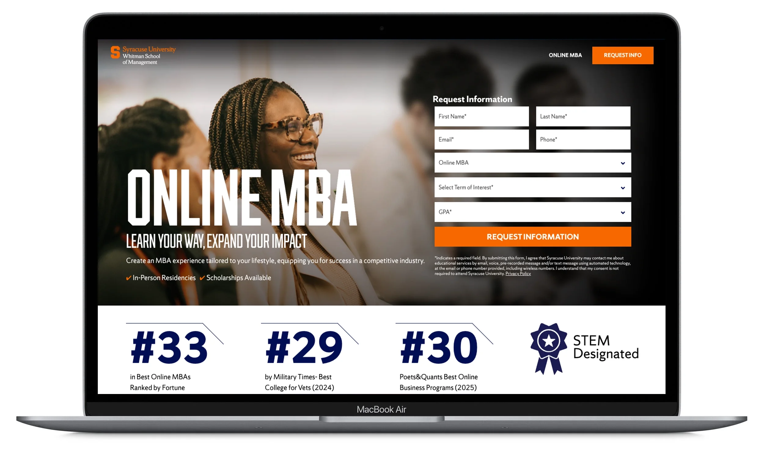 A laptop depicting the landing page of Syracuse Whitman's Online MBA degree offering.
