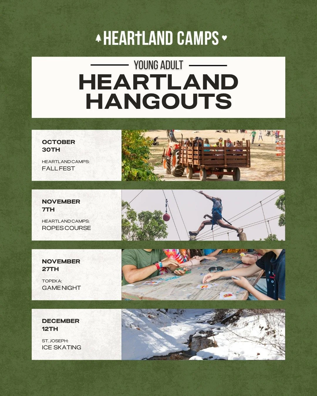 The Heartland community doesn&rsquo;t end when summer does! 💚

Heartland Hangouts are for young adults who want to stay connected and keep the Heartland community going year-round!

Check out our upcoming dates and sign up for our October 30 hangout