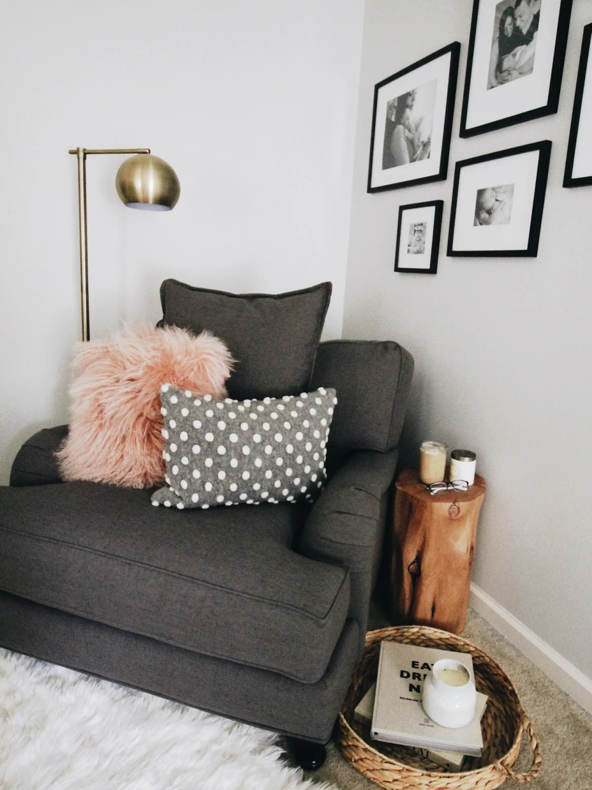 A faux-fur rug on top of carpet? My feet are calling for this level of comfort. A small log has been re-purposed into a nightstand, complete with a couple candles and reading glasses (for the fine print, of course). It doesn't get much better than this. 