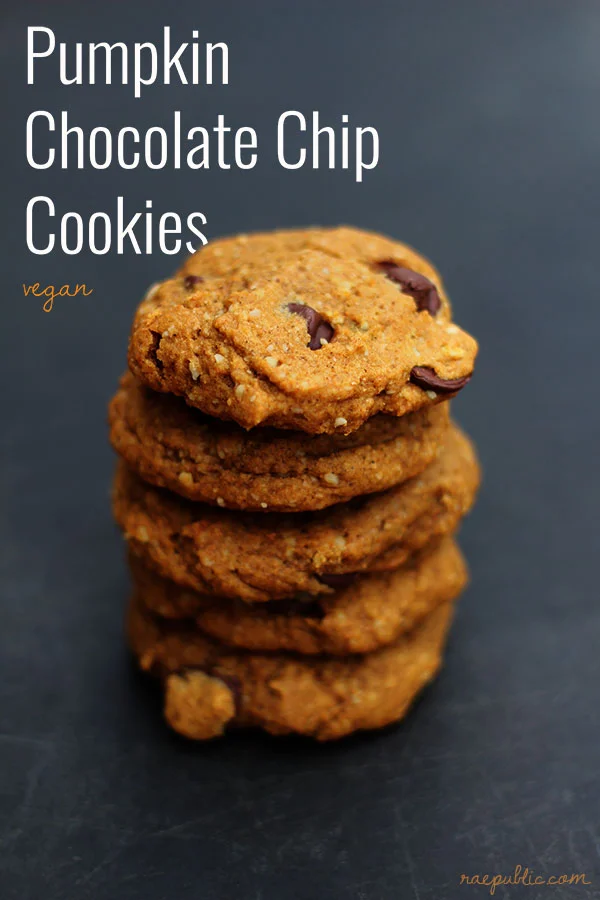 Easy, vegan pumpkin chocolate chip cookies. Made with maple syrup and organic pumpkin puree.