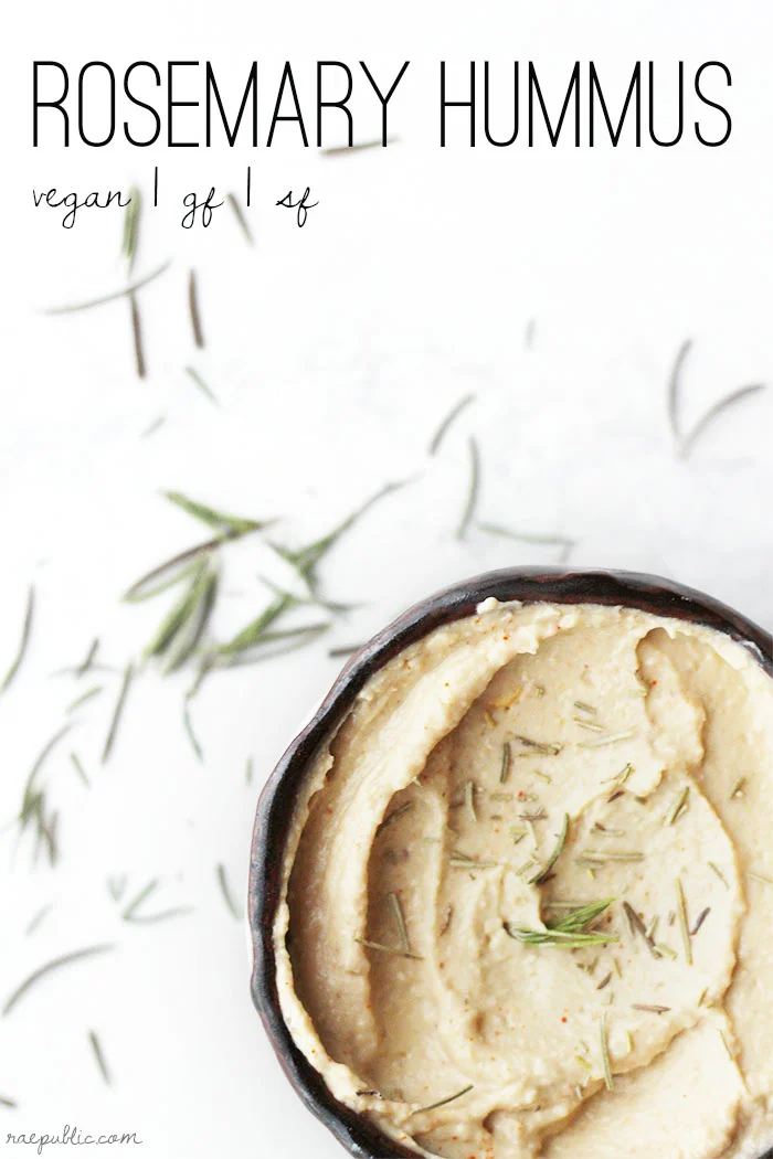 Easy, vegan rosemary hummus with a kiss of garlic. Gluten-free and sugar-free so all can enjoy this creamy delicious plant-based dip!