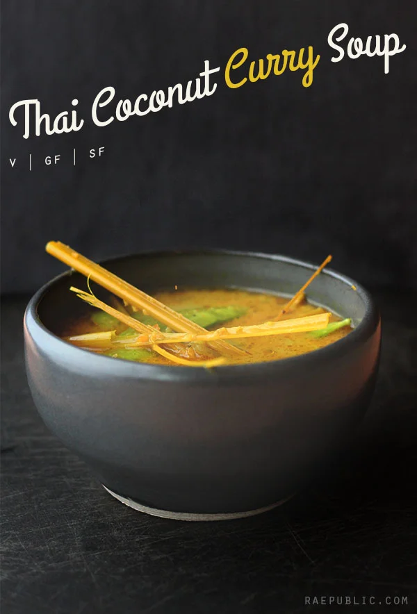 Taste bud tantilizing Thai coconut curry soup. It's dairy-free, egg-free and gluten-free which means it's vegan and that everyone can enjoy it.