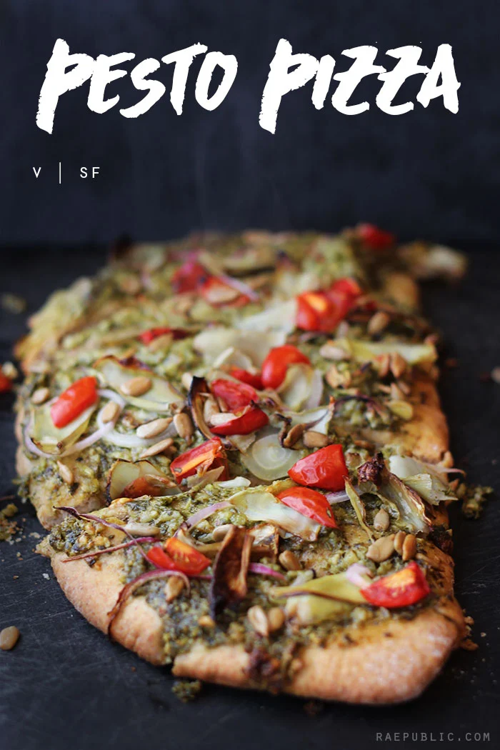 Easy plant based vegan pesto pizza that is so easy to make it might just become a weekly meal! Yum!