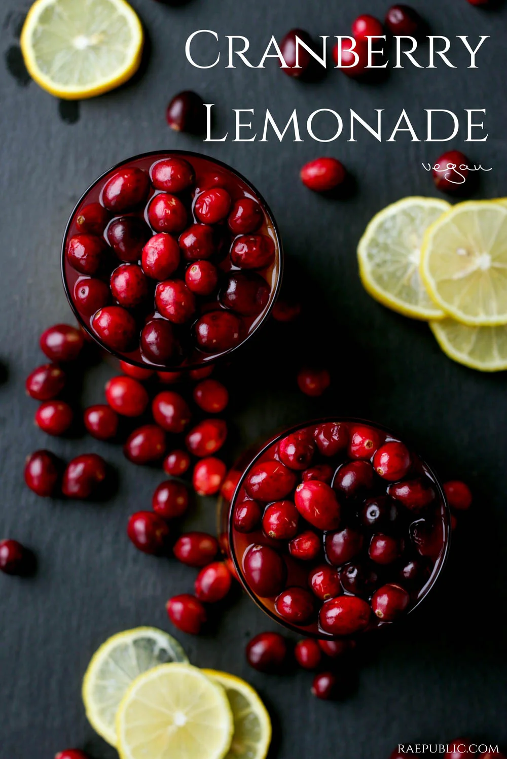 Easy vegan cranberry lemonade made from all-natural cranberry juice, fresh-squeezed lemon juice and organic cranberries.