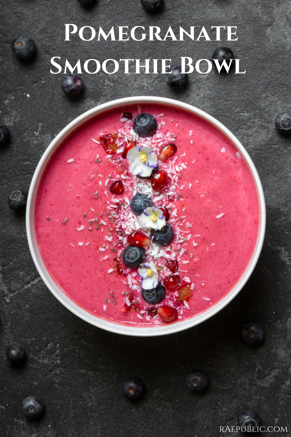 Easy, 4 ingredient pomegranate smmothie bowl. The perfect vegan smoothie for wintery mornings.
