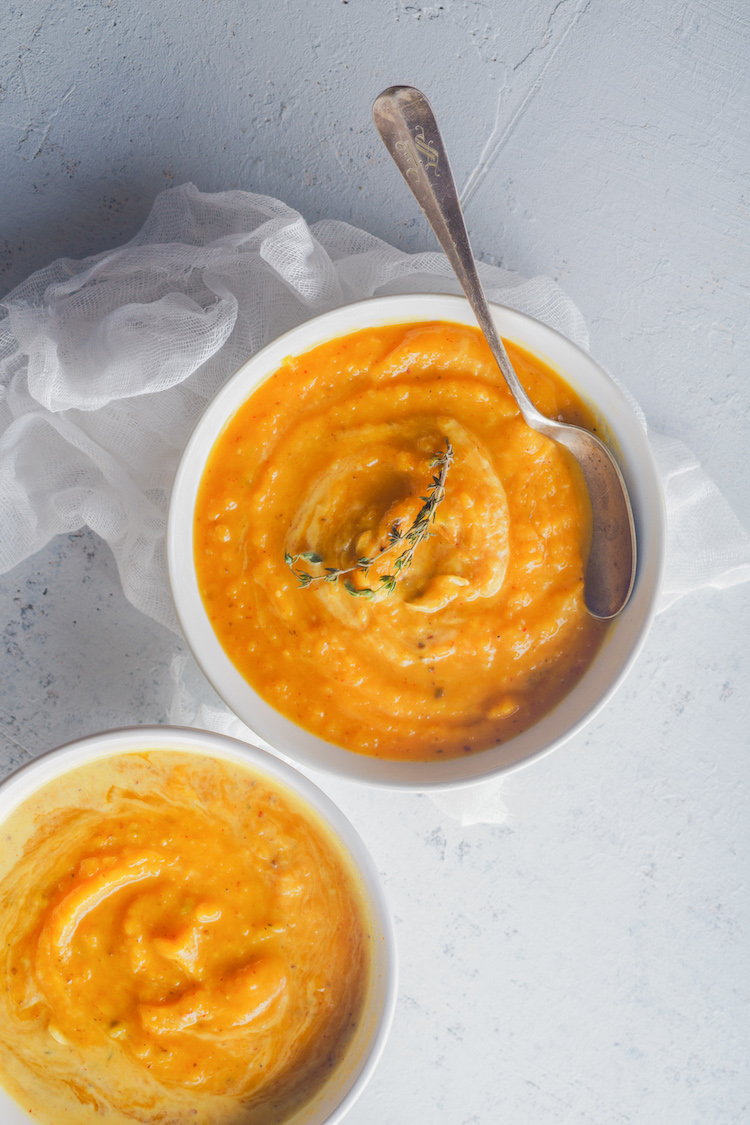 Delicious, vegan creamy pumpkin soup! This plant-based soup gets it's tasty goodness from coconut milk so it is naturally dairy-free and all can enjoy!
