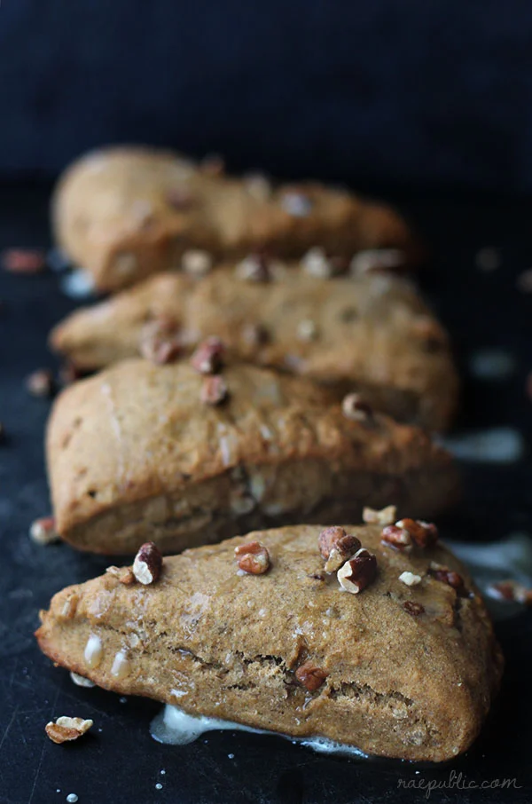 Vegan banana nut scones, made with maple syrup and bananas. Cane sugar-free and dairy-free.