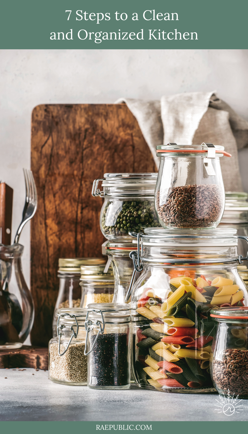 Seven easy steps to a clean and organized kitchen to be more productive and get more done.