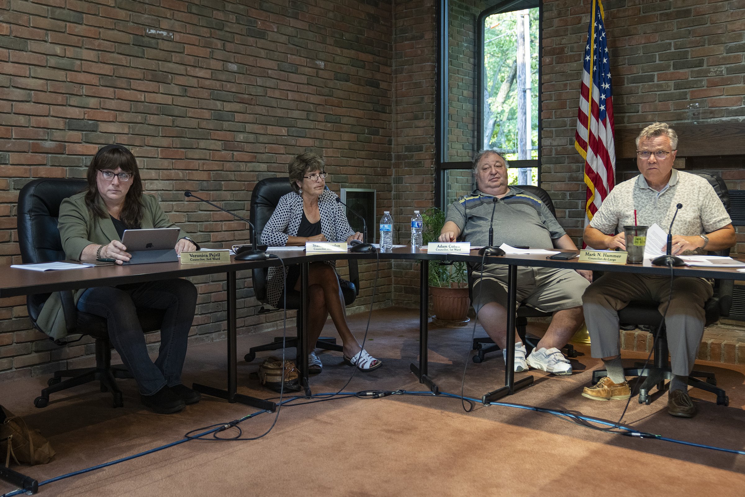  Veronica Pejril, left, a 58-year-old Greencastle city councilor, participates in a monthly council meeting on Thursday, Sept. 8, 2022. Pejril is Indiana's first openly transgender elected official. "I continue to play the long game with so many thin